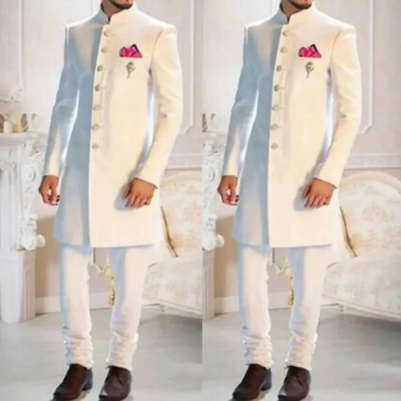 Men Formal Wear Indian - Modeontwerp Witte Staande Kraag Enkelrijig Indiaas