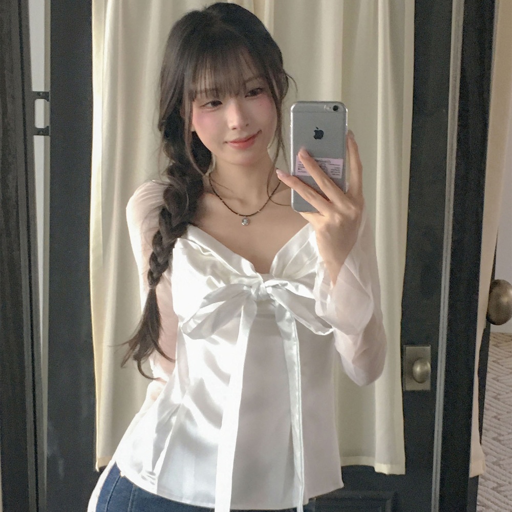 Satin Bow Tie - Elegante slanke blouse met lange mouwen