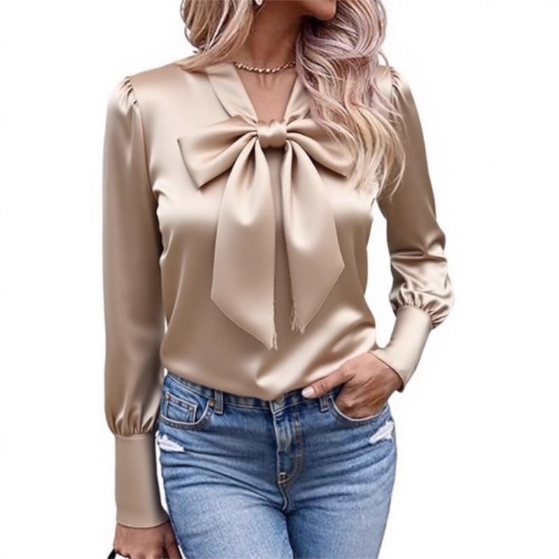 Satin Bow Tie - Dames effen satijnen blouse met strik,