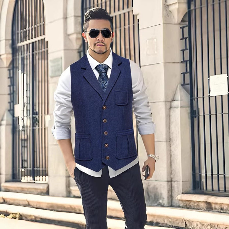 Men'S Formal Wear No Suit - Heren herringbone tweed pakvest met notch