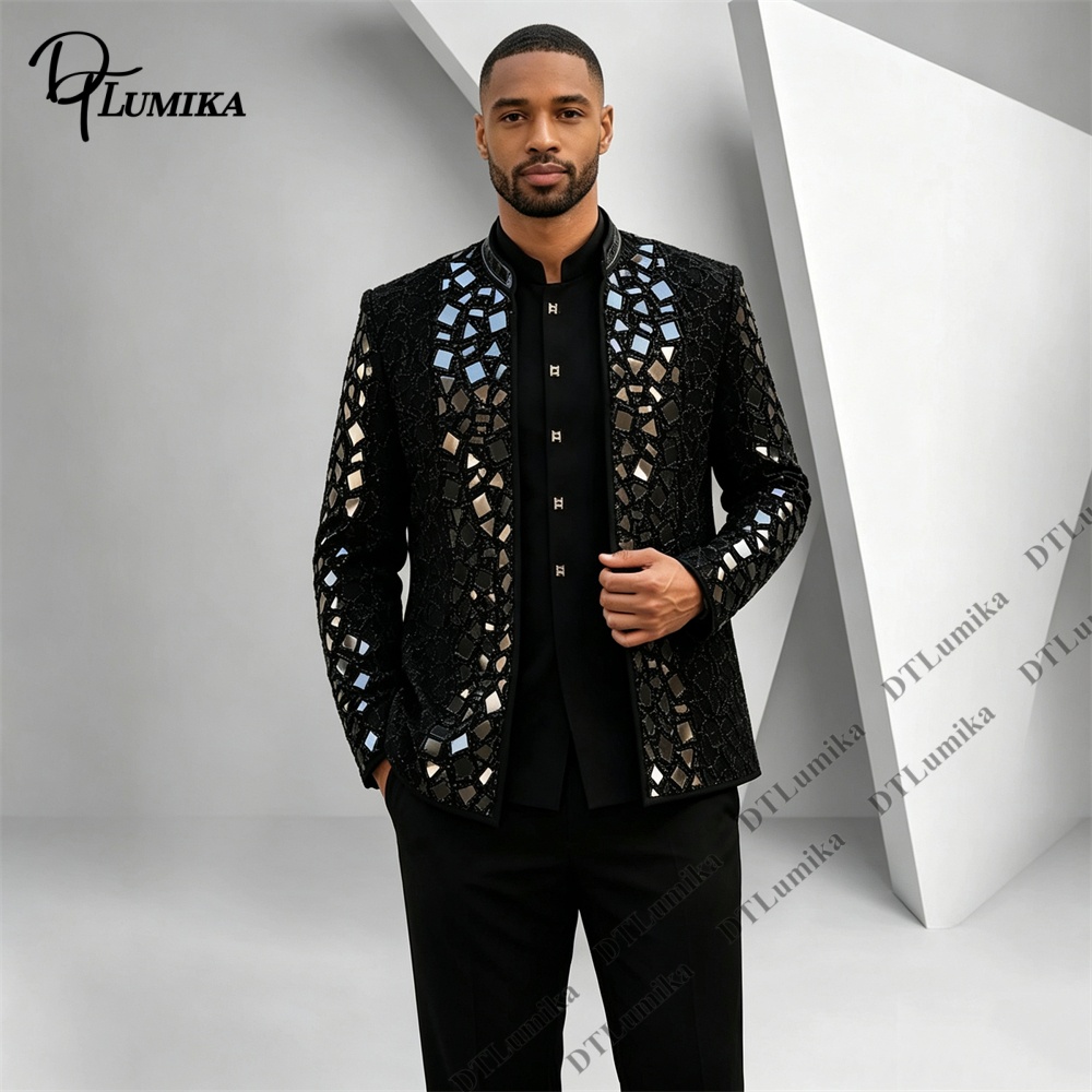 Men'S Formal Wear For Office - Heren zwart pak met mandarijnkraag, spiegelmozaïek,