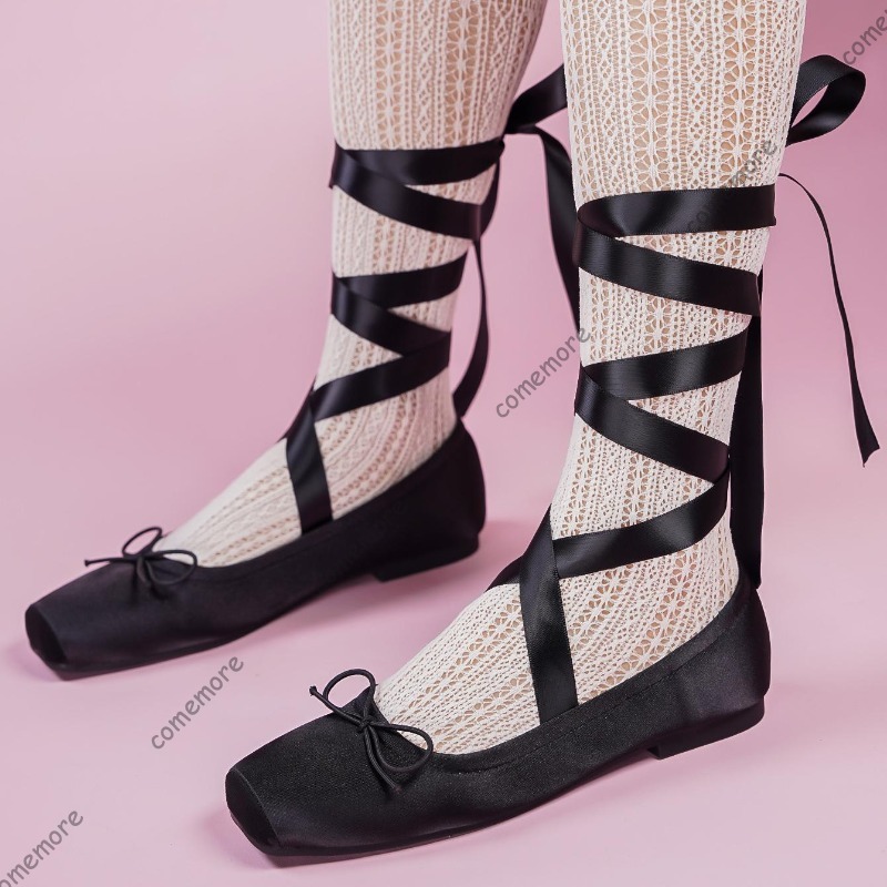 Satin Bow Tie - Dames Satijnen Lint Stropdas Ballet Flats