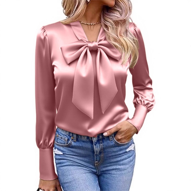 Dames effen satijnen blouse me - Satin Bow Tie recensie en prijs