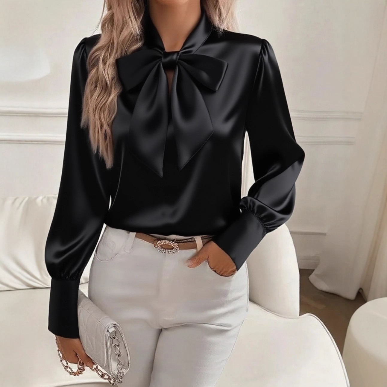 Strikdasblouse van satijn met  - Satin Bow Tie recensie en prijs